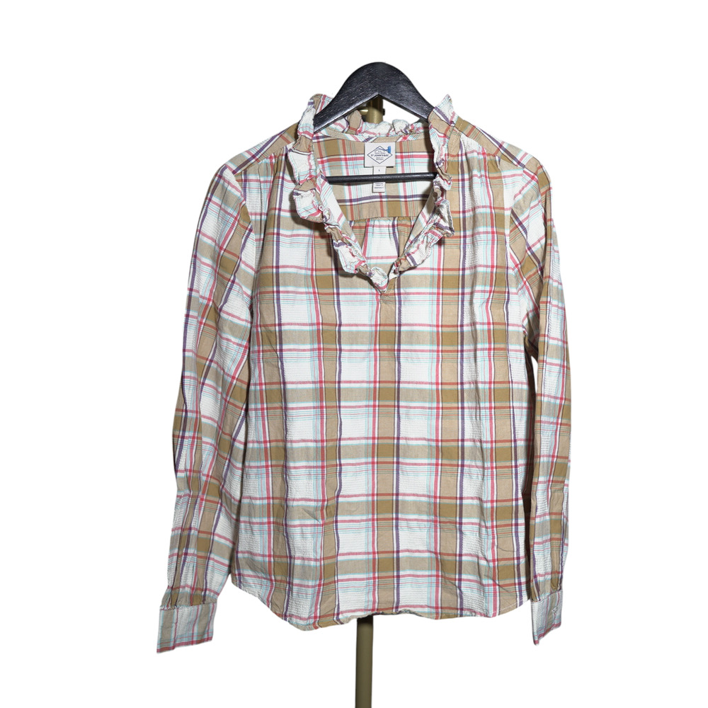 Plaid Ruffle Neck Blouse L Cotton Cottagecore Fall Preppy St Johns Bay
